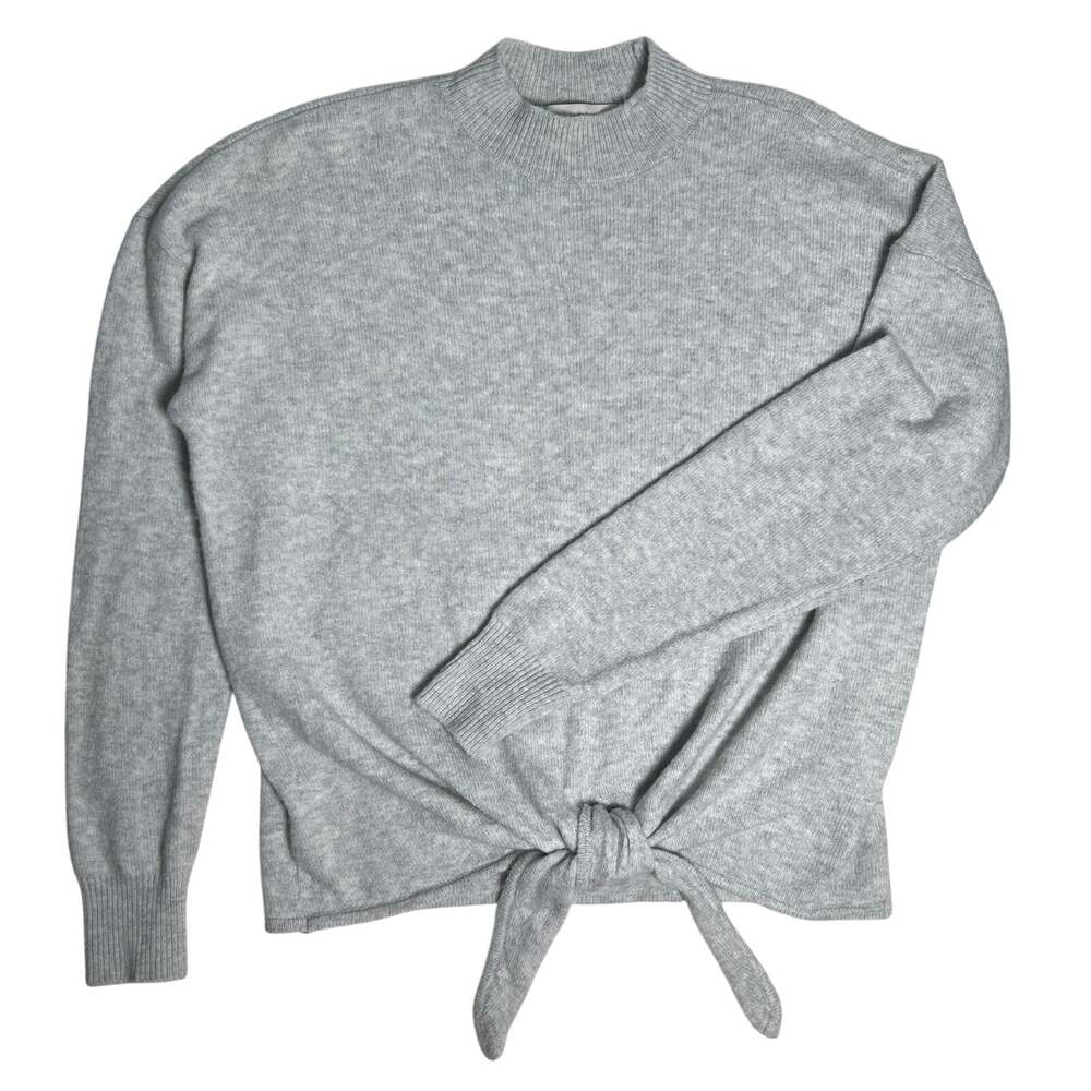 Loft Tie Front Sweater Size Medium Pale Gray Wool Blend Mock Neck Classic